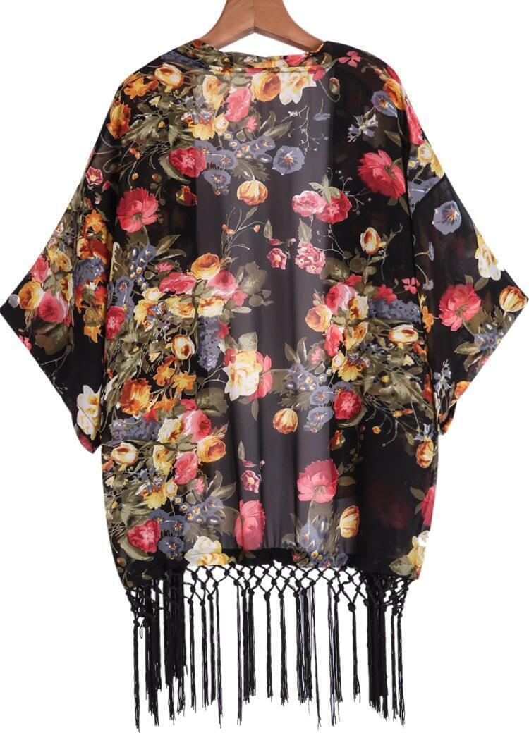 Floral Tassel Chiffon Black KimonoFor Womenromwe