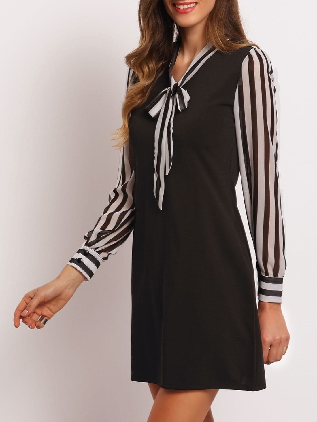 Black Bow Collar Striped Slim Dress