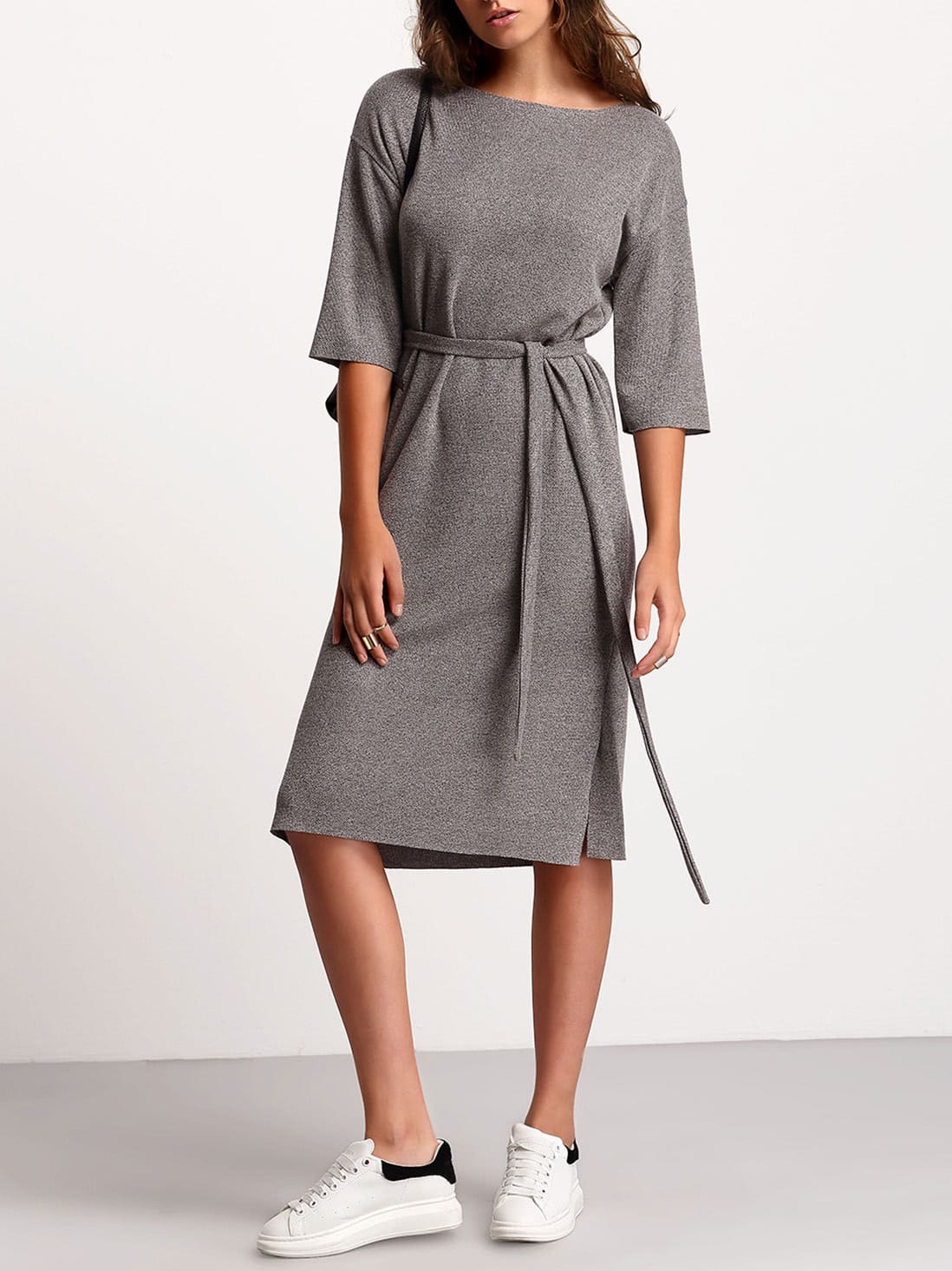 Grey Crew Neck Tie Waist Dress