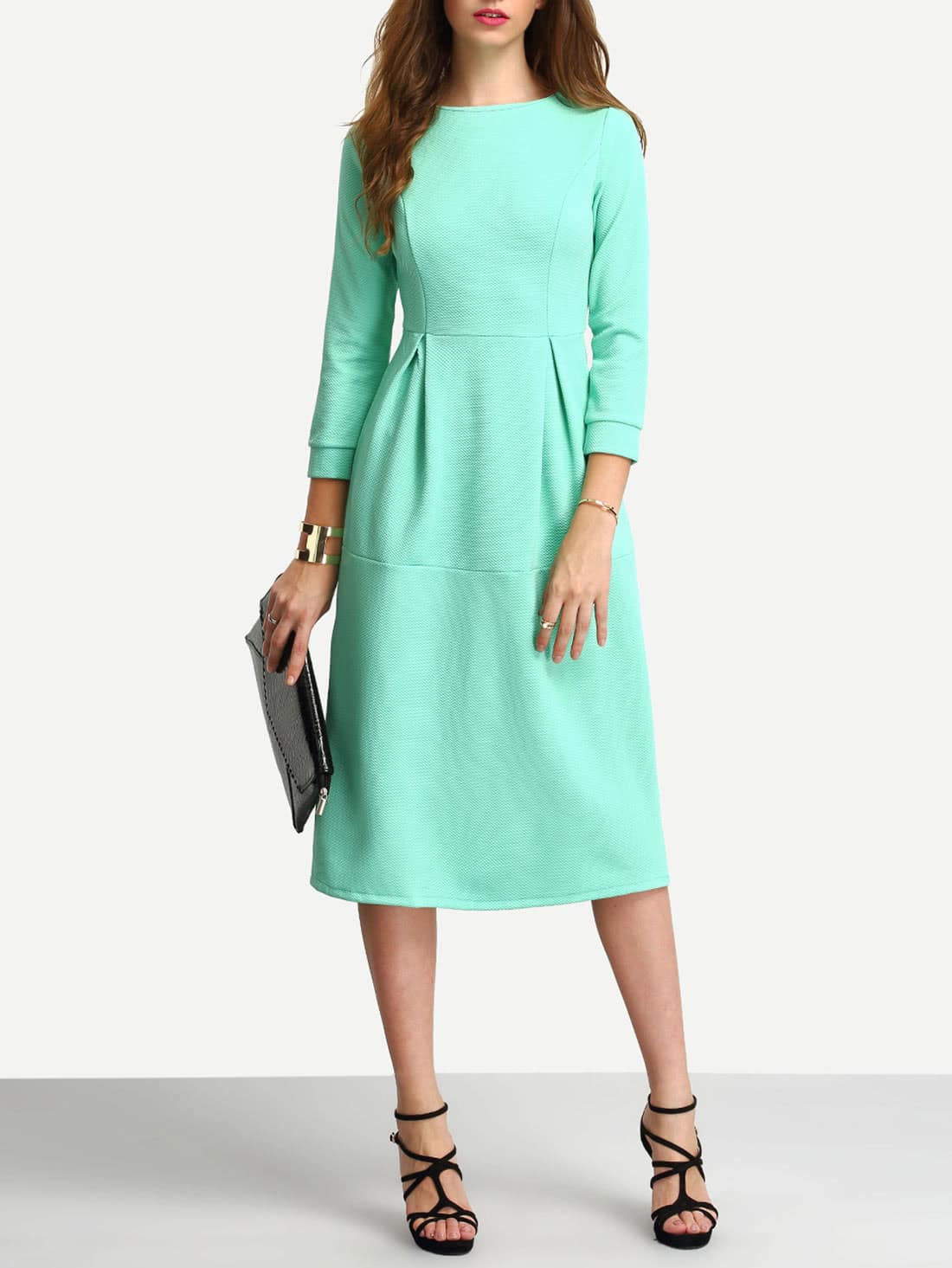 Green Half Sleeve A Line Ankle Length Dress