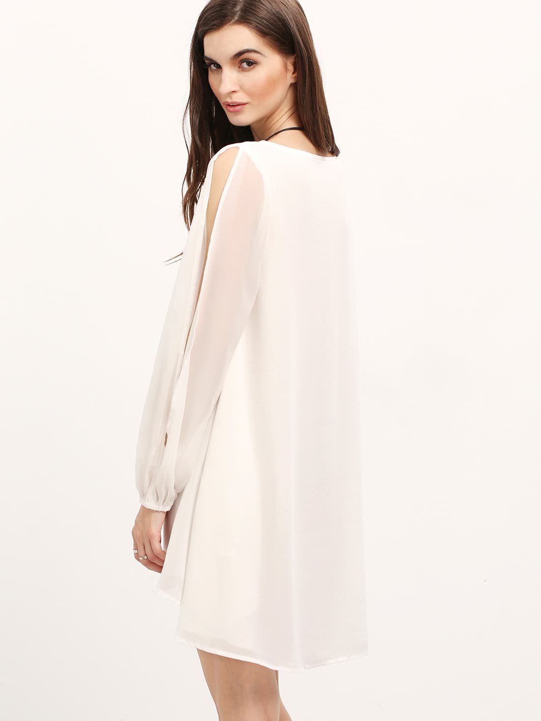 V Neck Split Sleeve Chiffon White DressFor Womenromwe