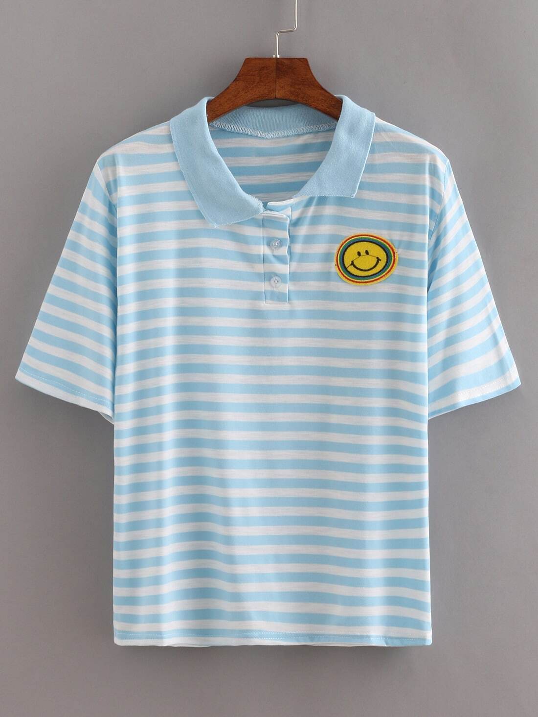 blue stripe smiley patch polo t shirtfor romwe blue stripe smiley patch polo t shirtfor romwe