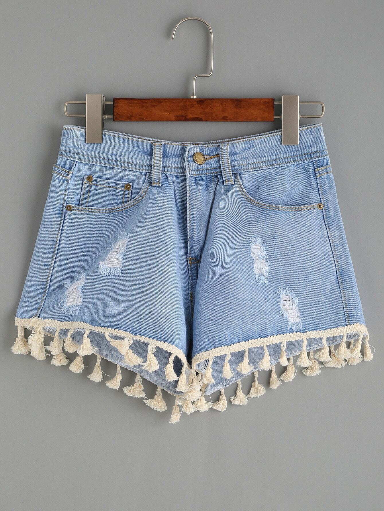 Blue Ripped Tassel Trim Denim ShortsFor Womenromwe