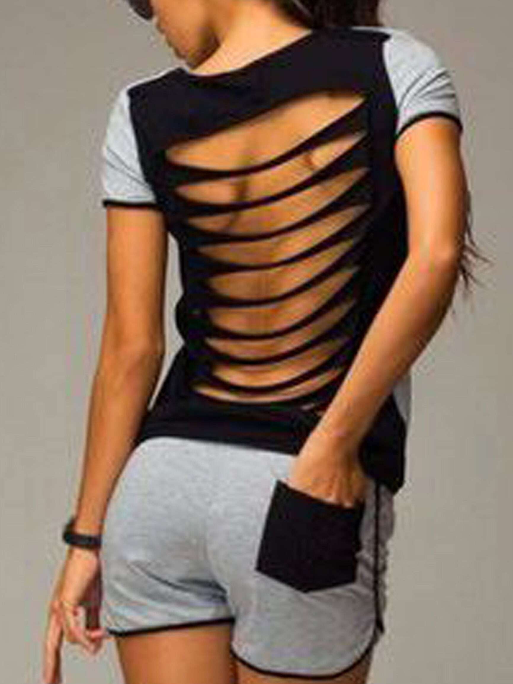 Grey Ripped Back Tshirt With ShortsFor Womenromwe