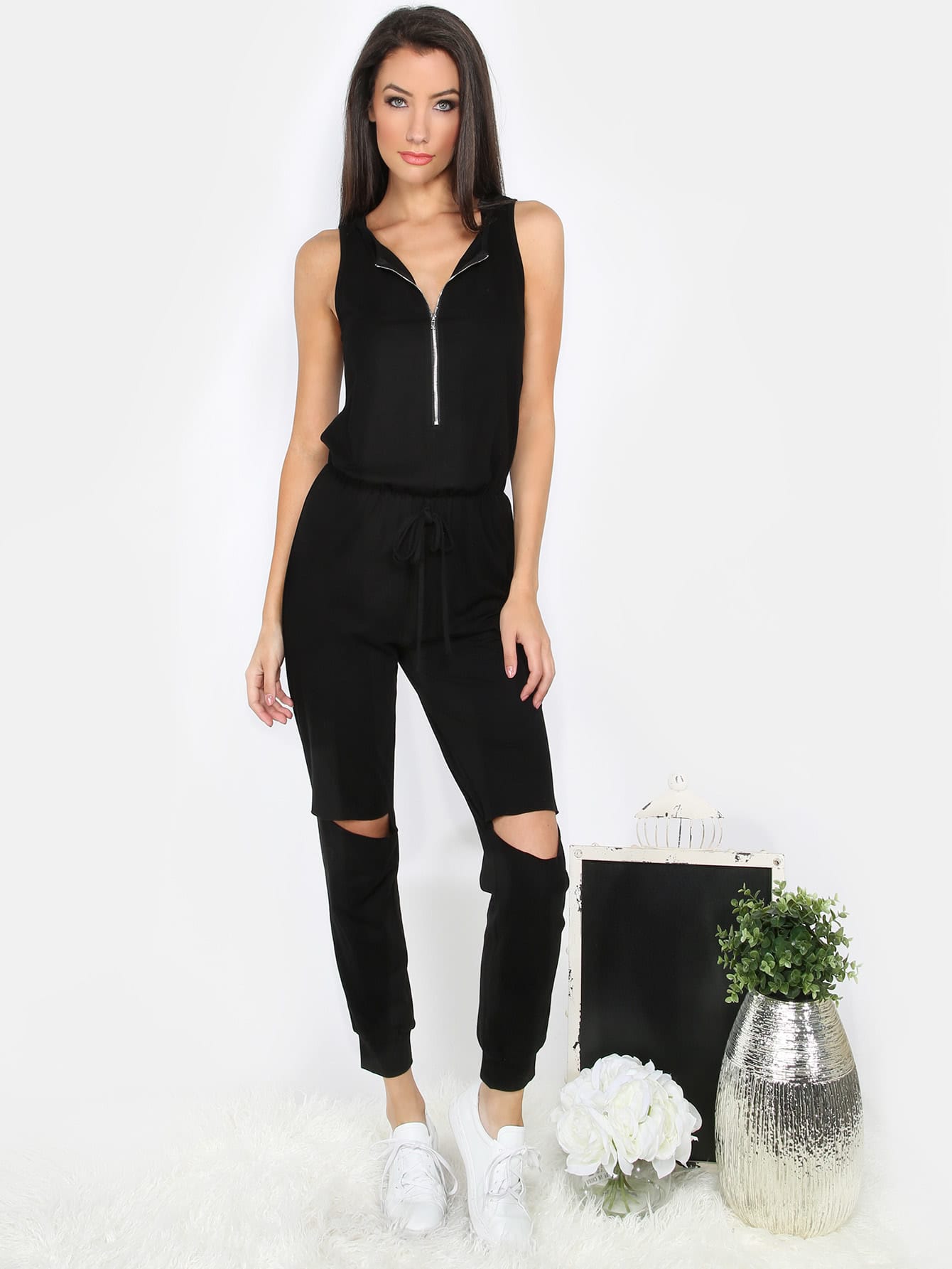 Black Sleeveless Zipper Cutout Jumpsuit