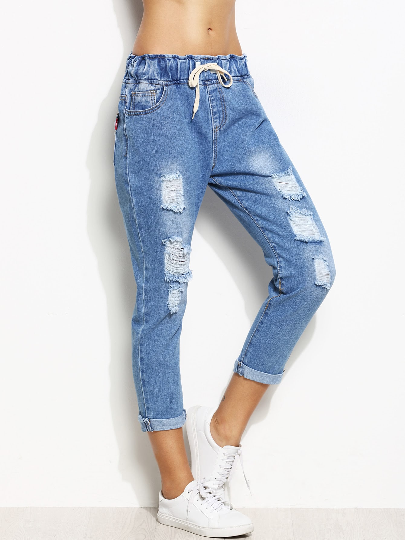 Blue Ripped Rolled Hem Drawstring Jeans