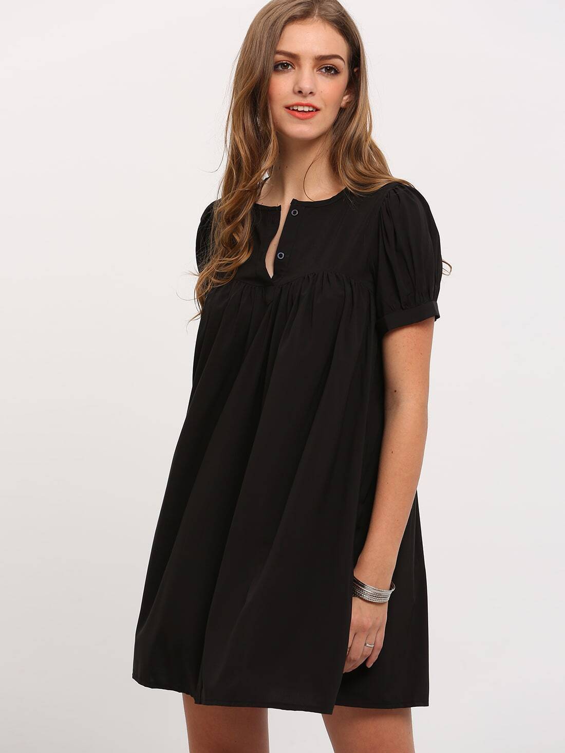 Black Short Sleeve Buttons Loose DressFor Womenromwe