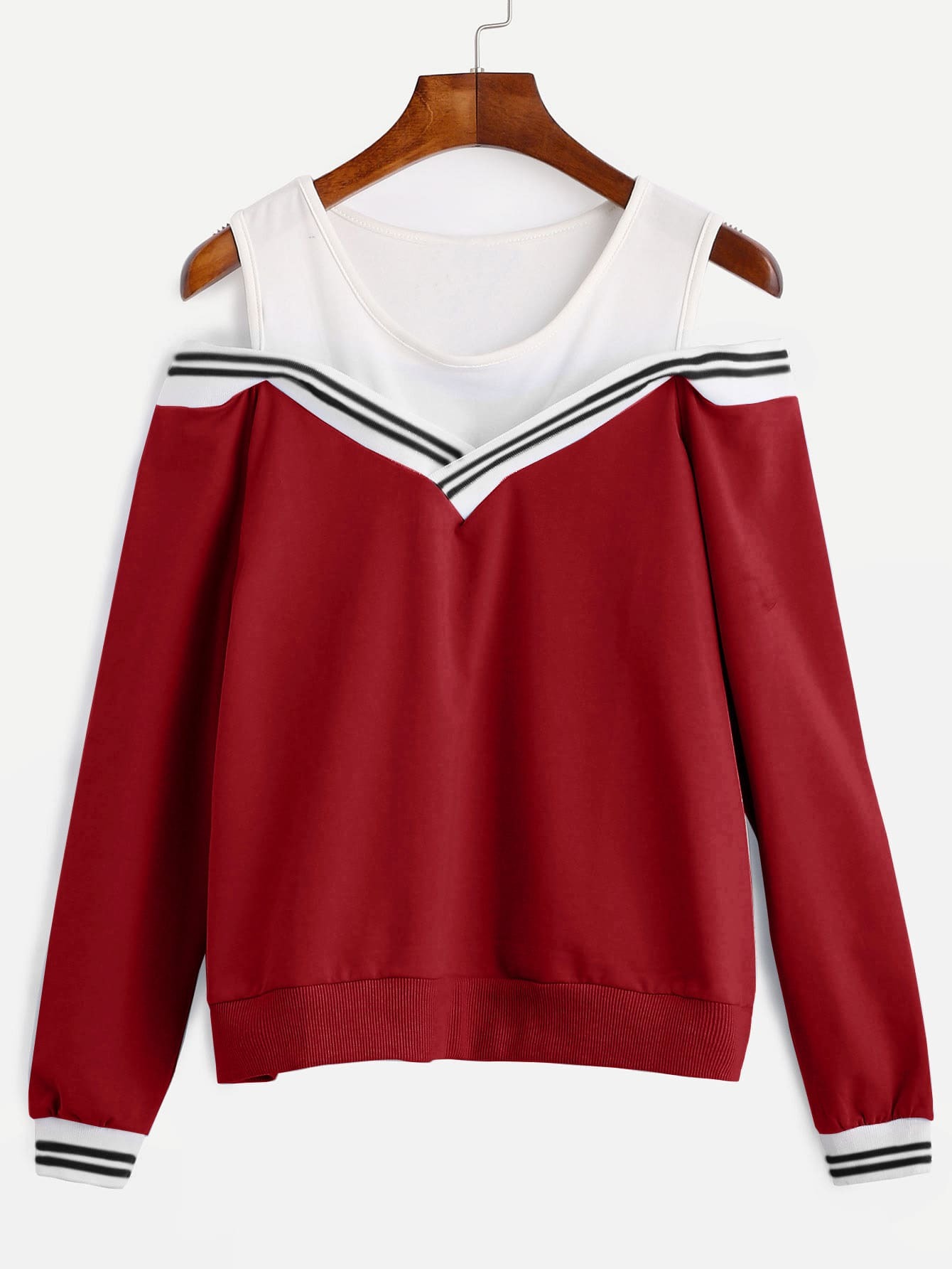 Red Striped Contrast Open Shoulder SweatshirtFor Womenromwe
