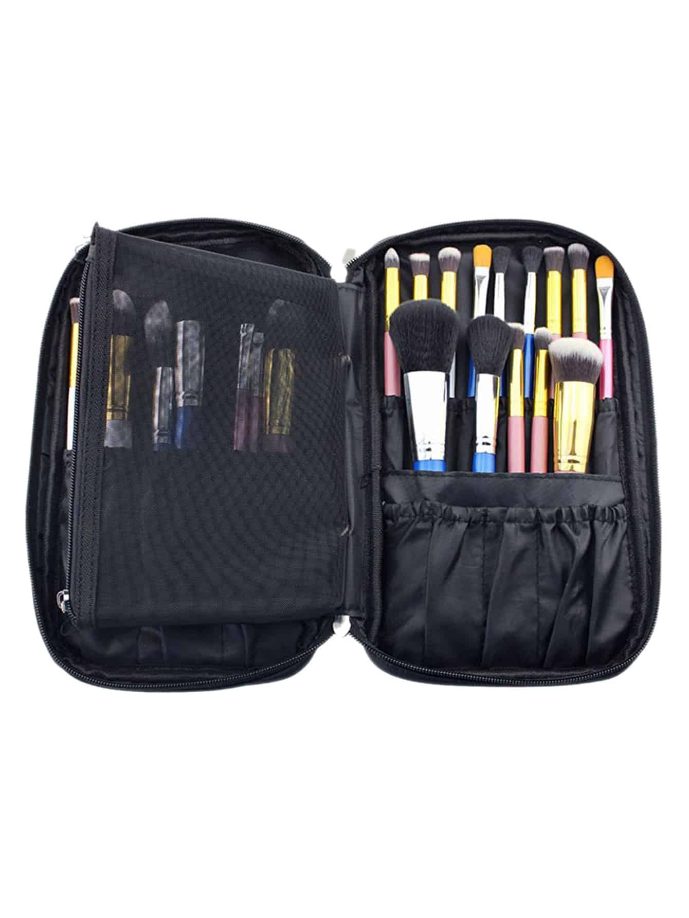 Black Zipper Makeup Bag With Small Mesh BagFor Womenromwe