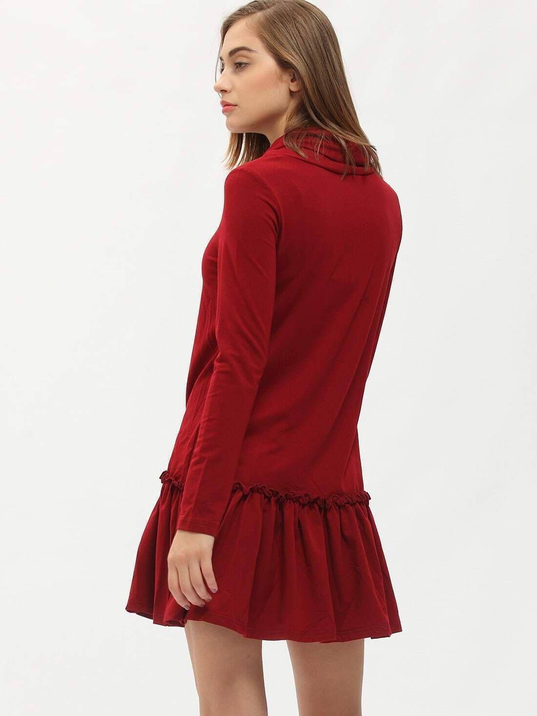 Burgundy Long Sleeve Ruffle DressFor Womenromwe