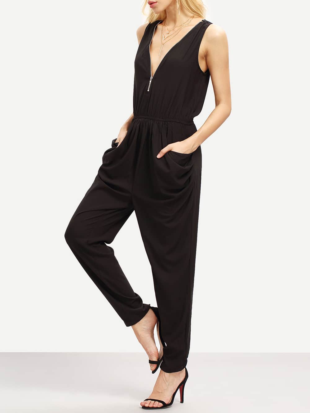 Black Sleeveless V Neck Zipper Slim JumpsuitFor Womenromwe