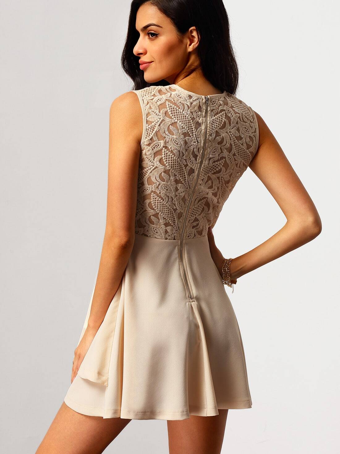 With Zipper Lace Insert Flare Apricot DressFor Womenromwe