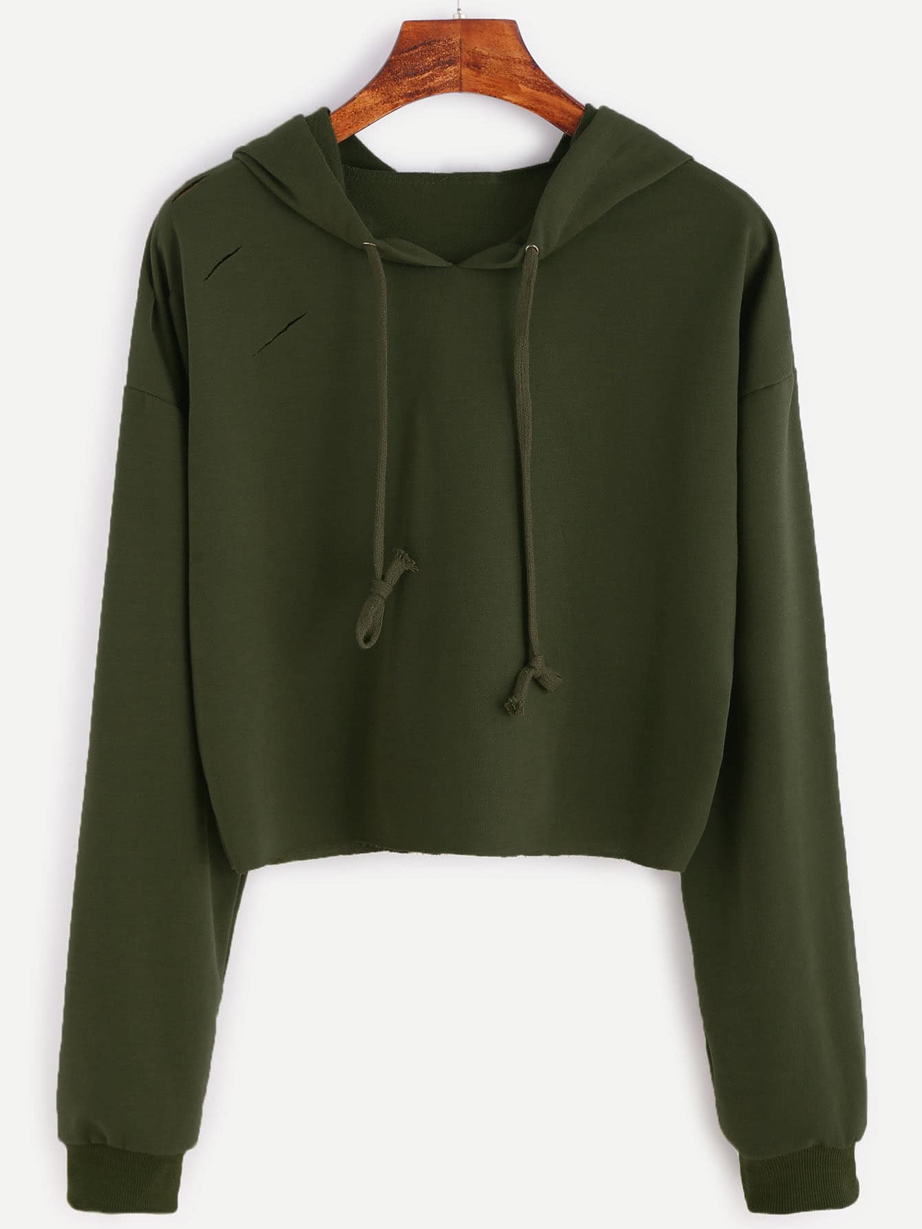 Army Green Drop Shoulder Ripped Hooded Crop Sweatshirt