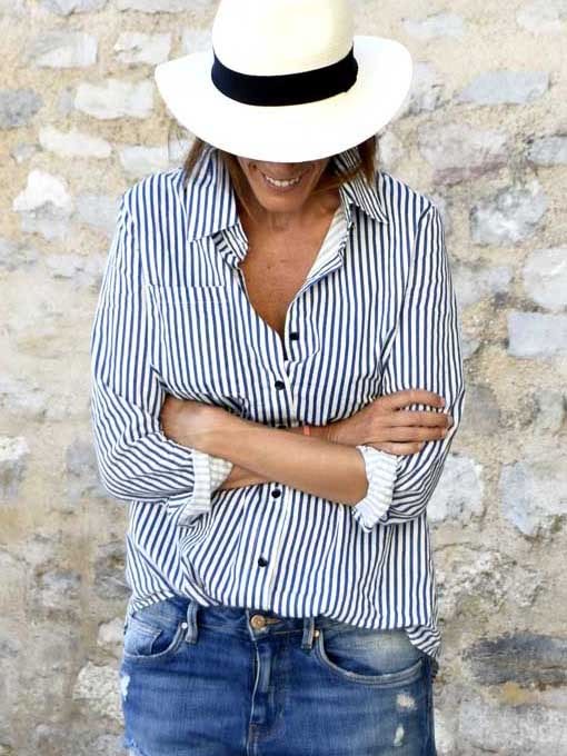 Blue Lapel Vertical Striped Blouse Blue Lapel Vertical Striped Blouse