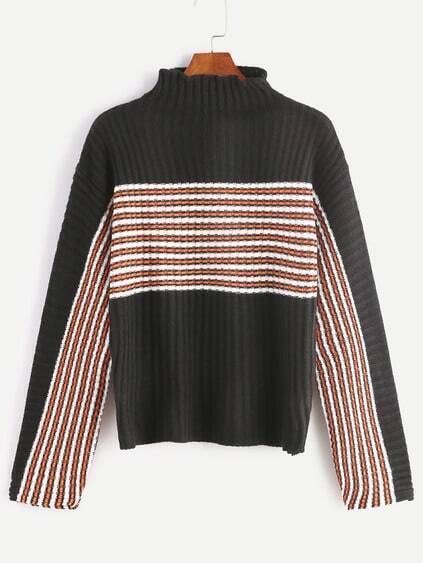 Black Striped Drop Shoulder Funnel Neck Sweater