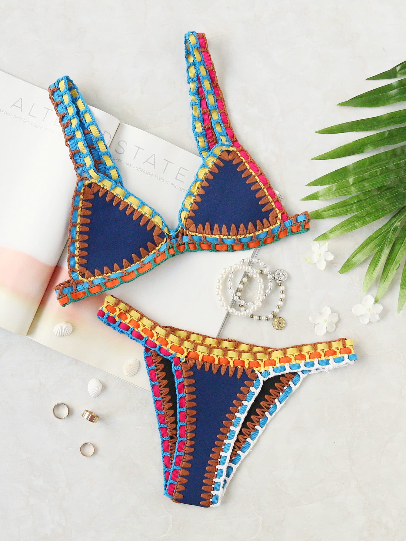 Crochet Trim Blue Bikini SetFor Womenromwe