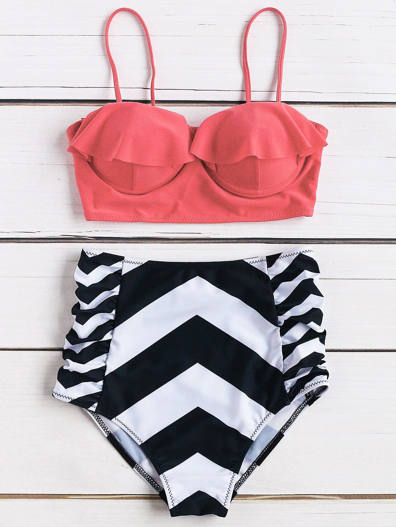 Chevron Print Ruffle Design High Waist Bikini Set
