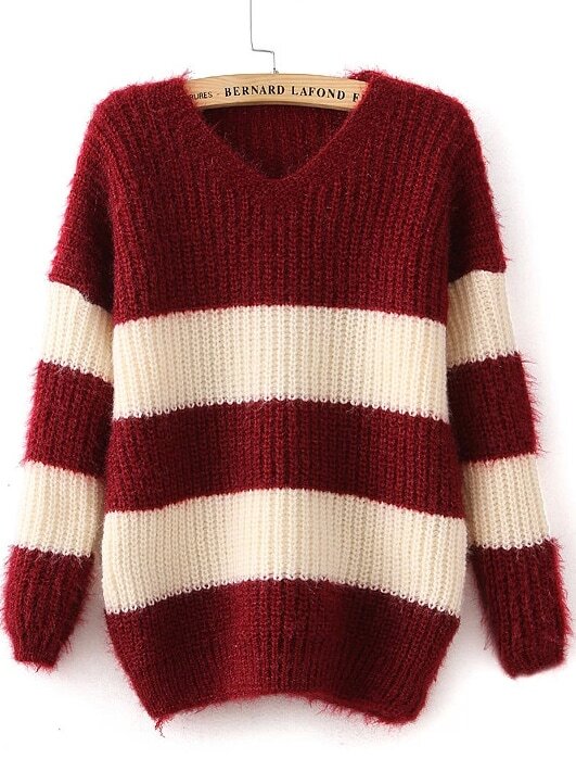 V Neck Striped Loose Wine Red SweaterFor Womenromwe