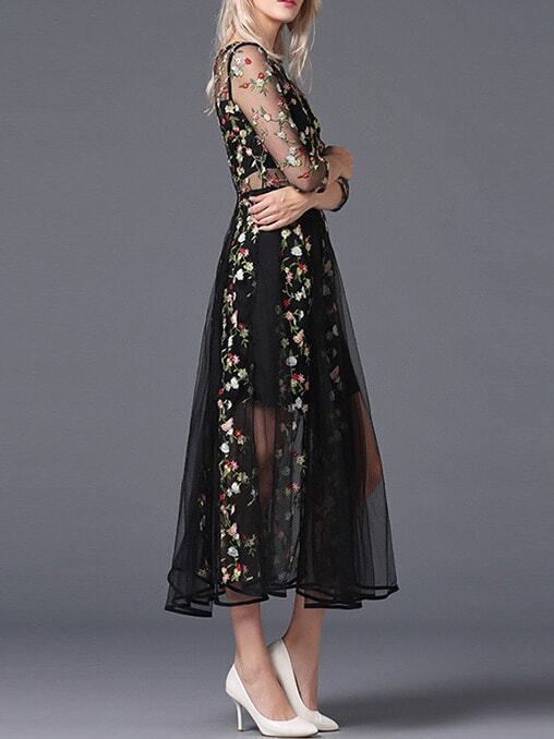Black Sheer Gauze Embroidered Midi DressFor Womenromwe