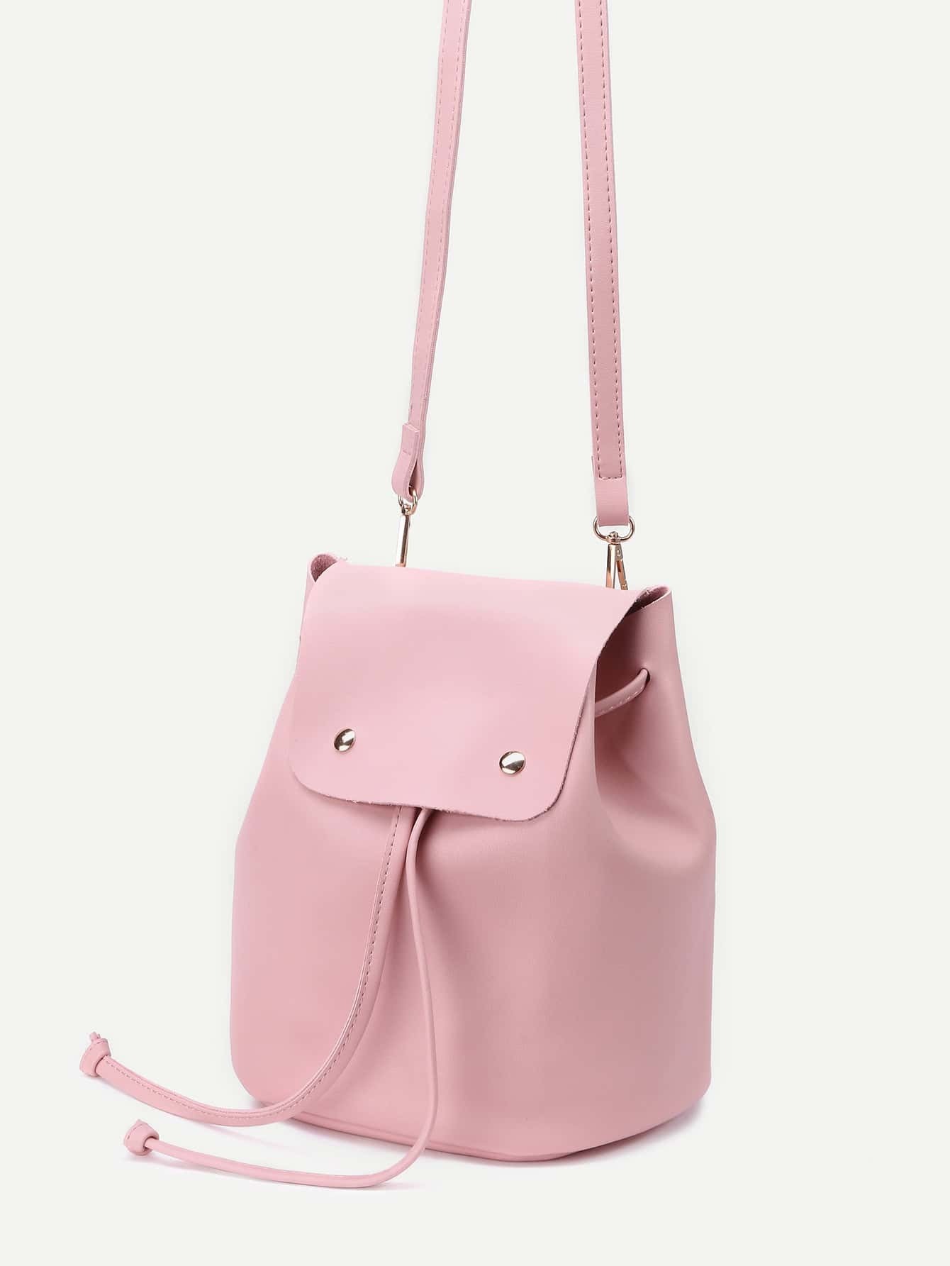 Pink Faux Leather Drawstring Flap Backpack With ClutchFor Womenromwe
