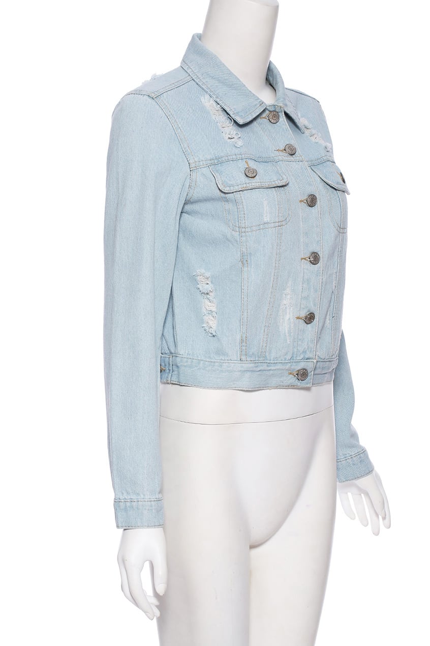 Distressed Lightblue Cropped Denim JacketFor Womenromwe