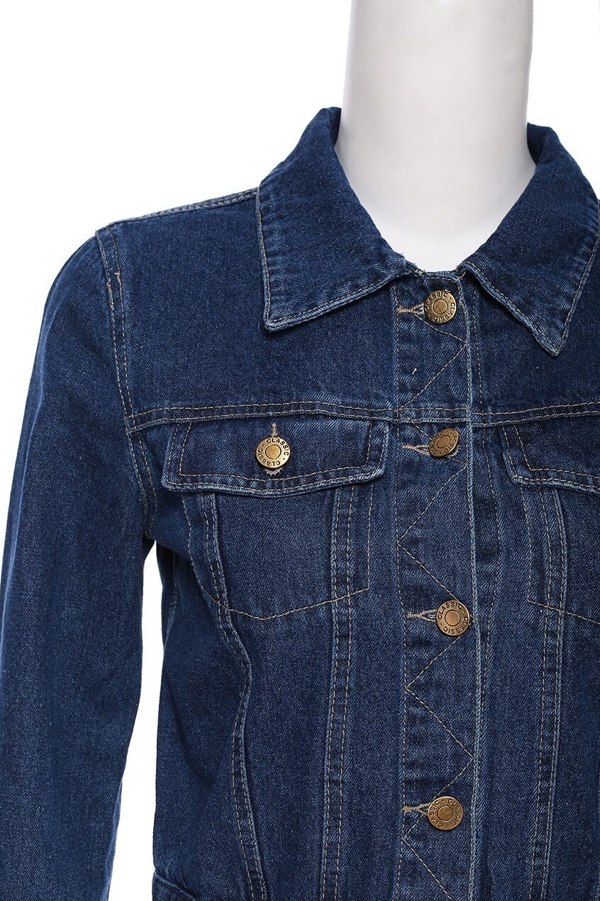 Distressed Darkblue Cropped Denim JacketFor Womenromwe