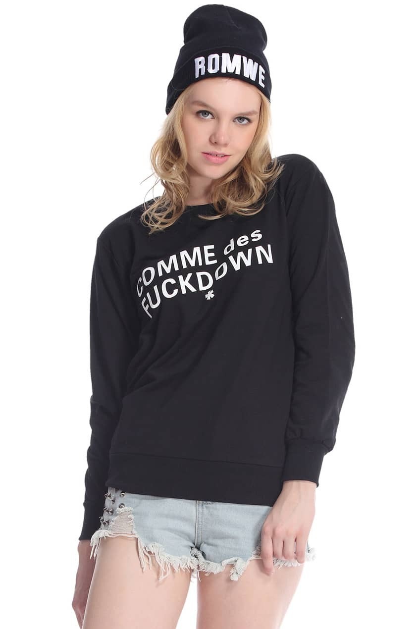 COMME des FUCKDOWN Print Black Loose SweatshirtFor Women-romwe