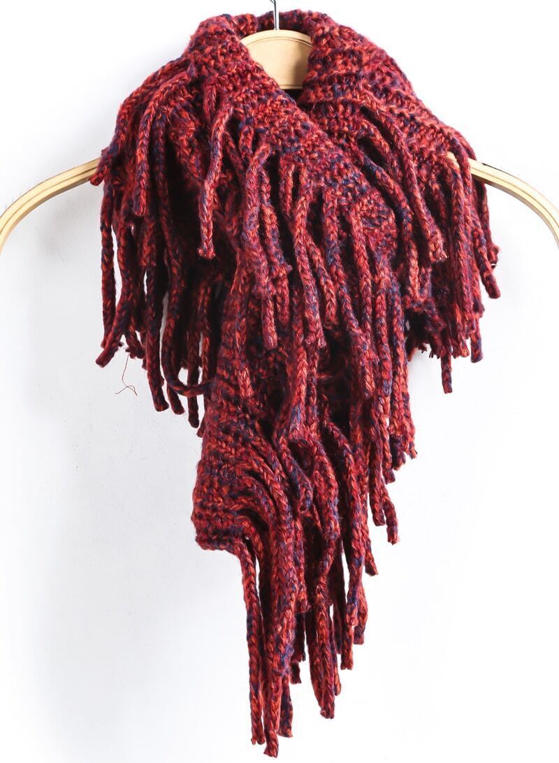 Tassel Cable Knit Wine Red Scarve