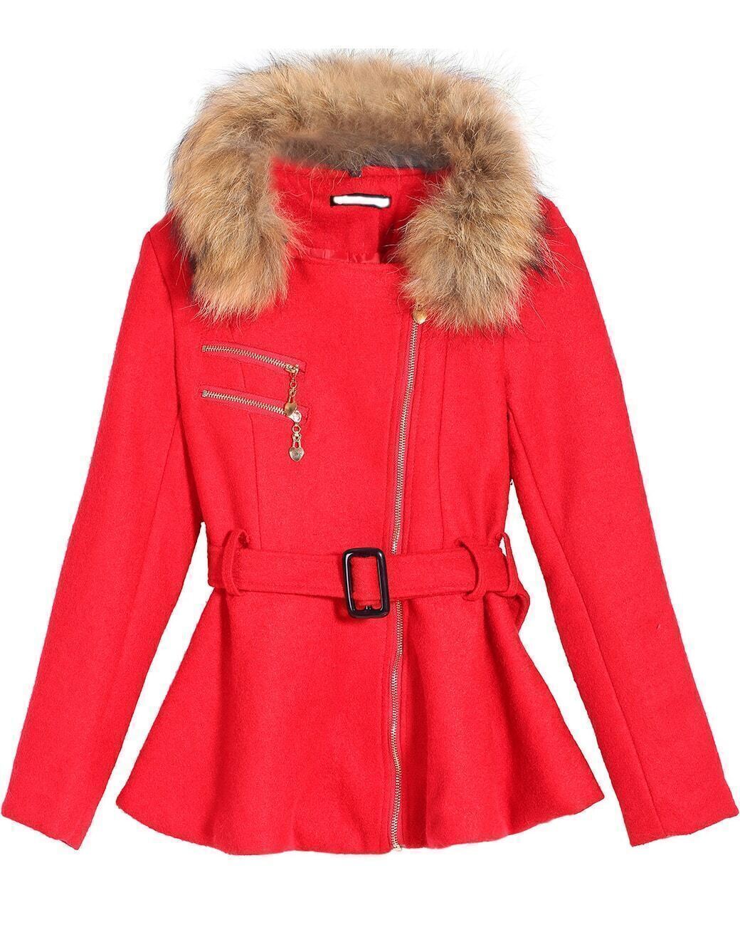 Belted Zipper Faux Fur Red Coat