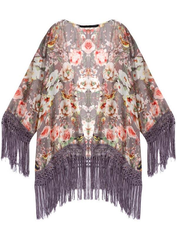 Tassel Floral Print Purple KimonoFor Womenromwe