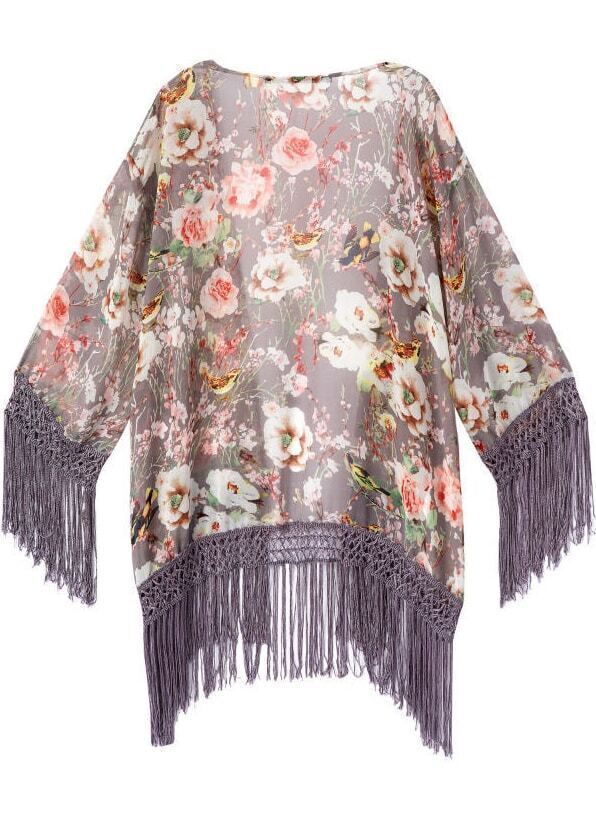 Tassel Floral Print Purple KimonoFor Womenromwe