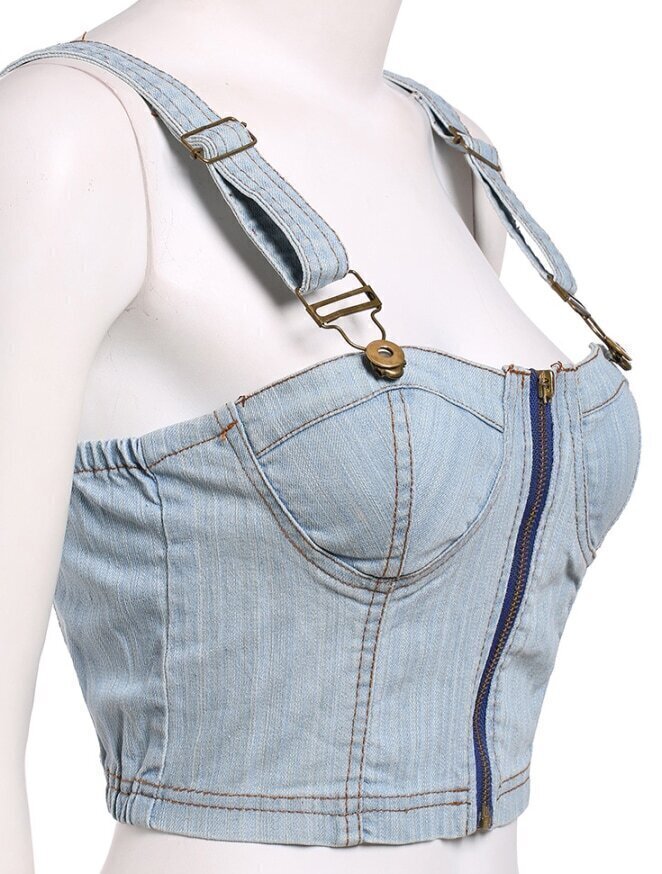 Strap Zipper Denim Navy VestFor Womenromwe