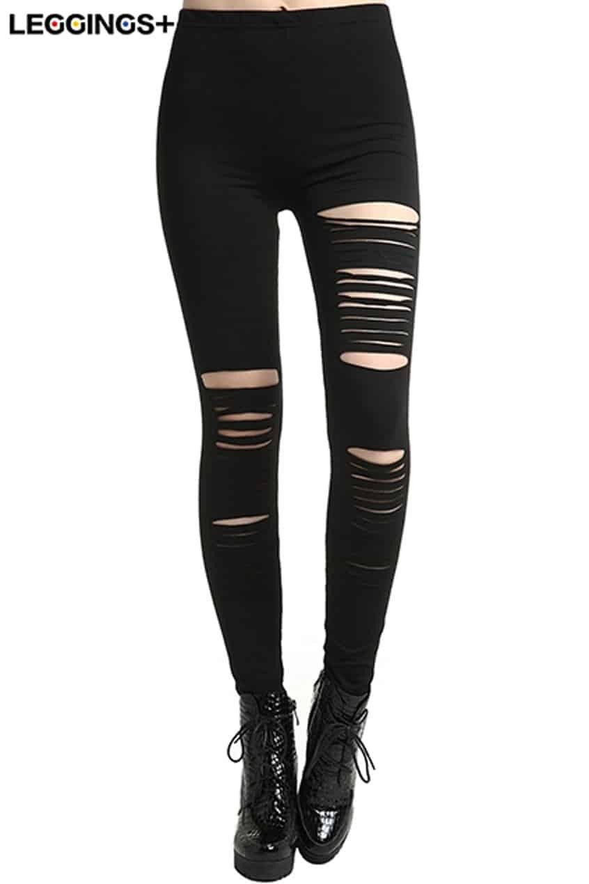 ROMWE Distressed Black Slit LeggingsFor Women-romwe