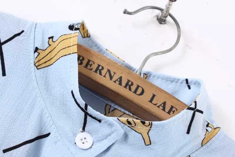 Stand Collar Banana Print Pleated Blue DressFor Womenromwe