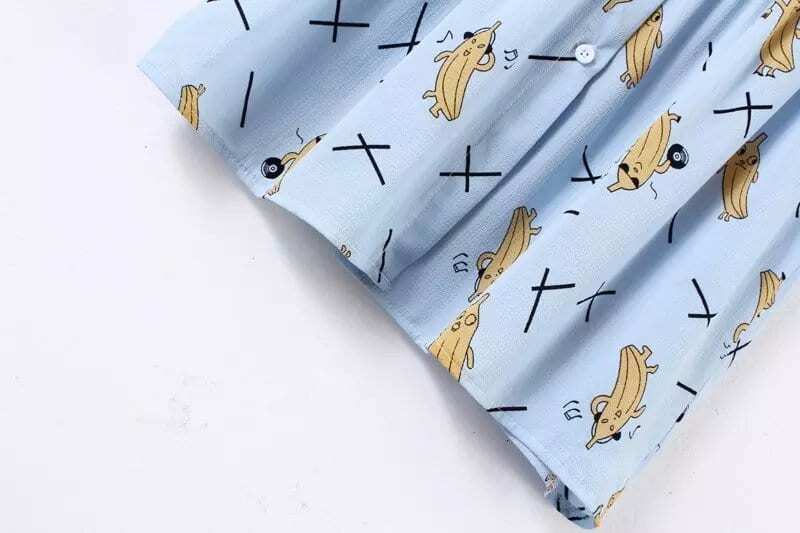 Stand Collar Banana Print Pleated Blue DressFor Womenromwe