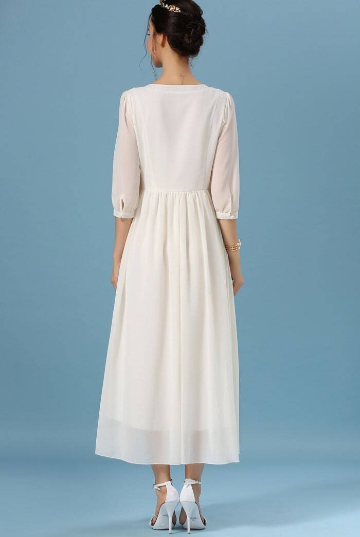 With Buttons Embroidered Vintage Chiffon Dress