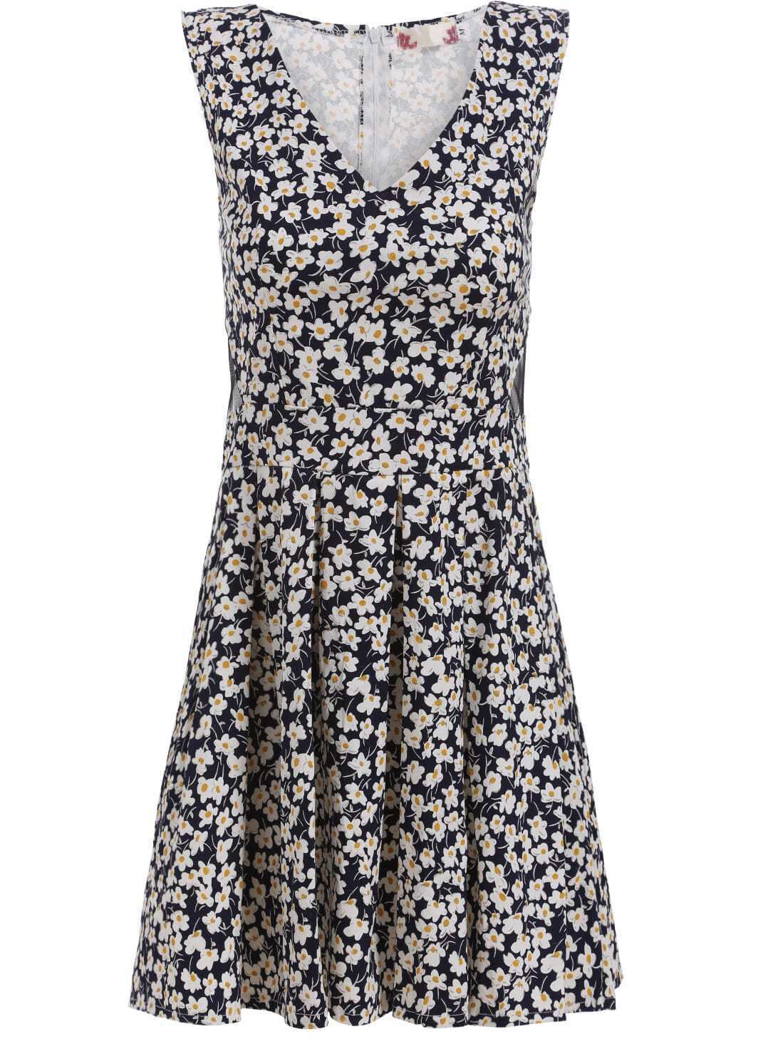 V Neck Daisy Print Pleated DressFor Womenromwe