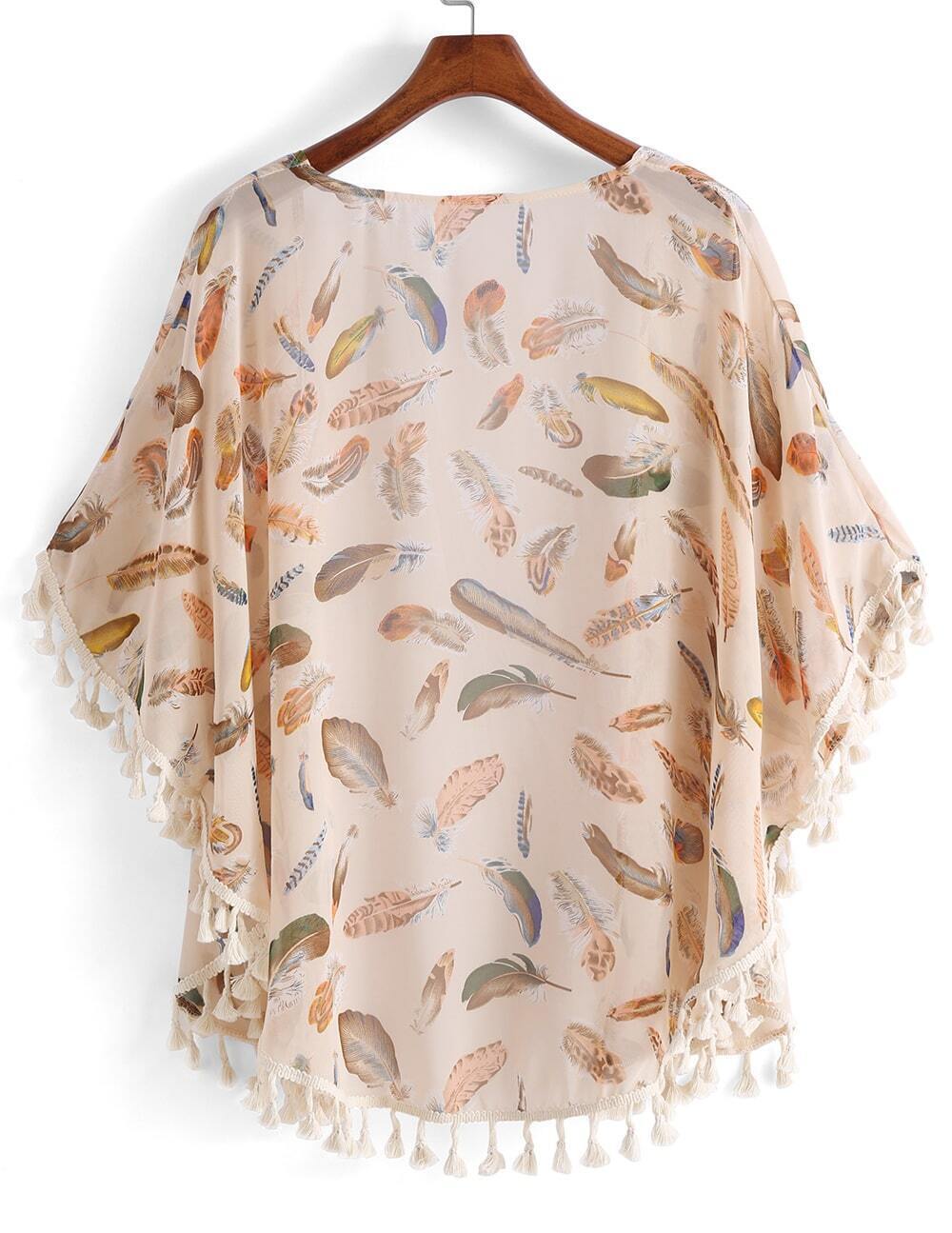 With Tassel Feather Print Chiffon Kimono