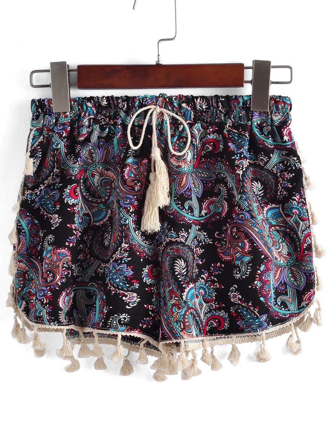 Drawstring Waist Floral Tassel ShortsFor Womenromwe