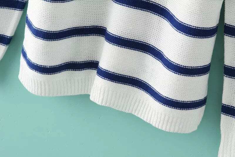Blue White Round Neck Striped Knit SweaterFor Women-romwe