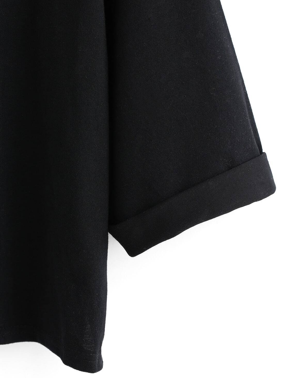 Elbow Sleeve Loose Black TshirtFor Womenromwe