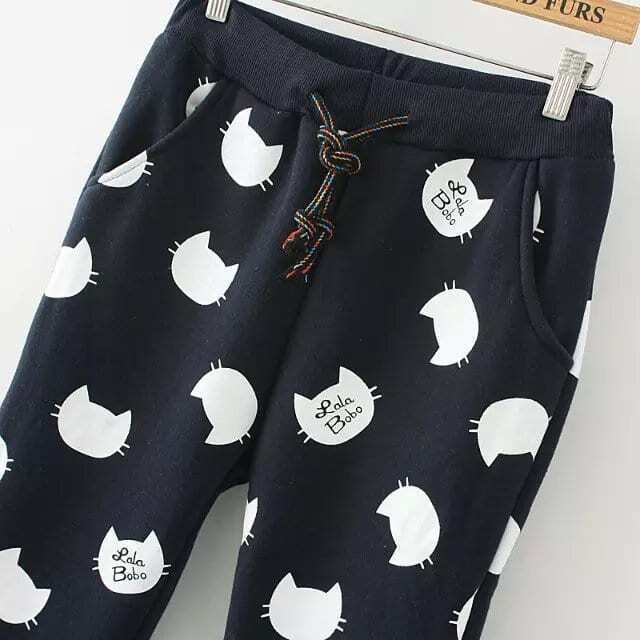 Drawstring Cat Print Navy Pant
