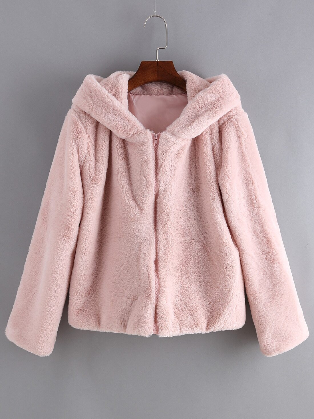 Hooded Zipper Loose Pink CoatFor Womenromwe