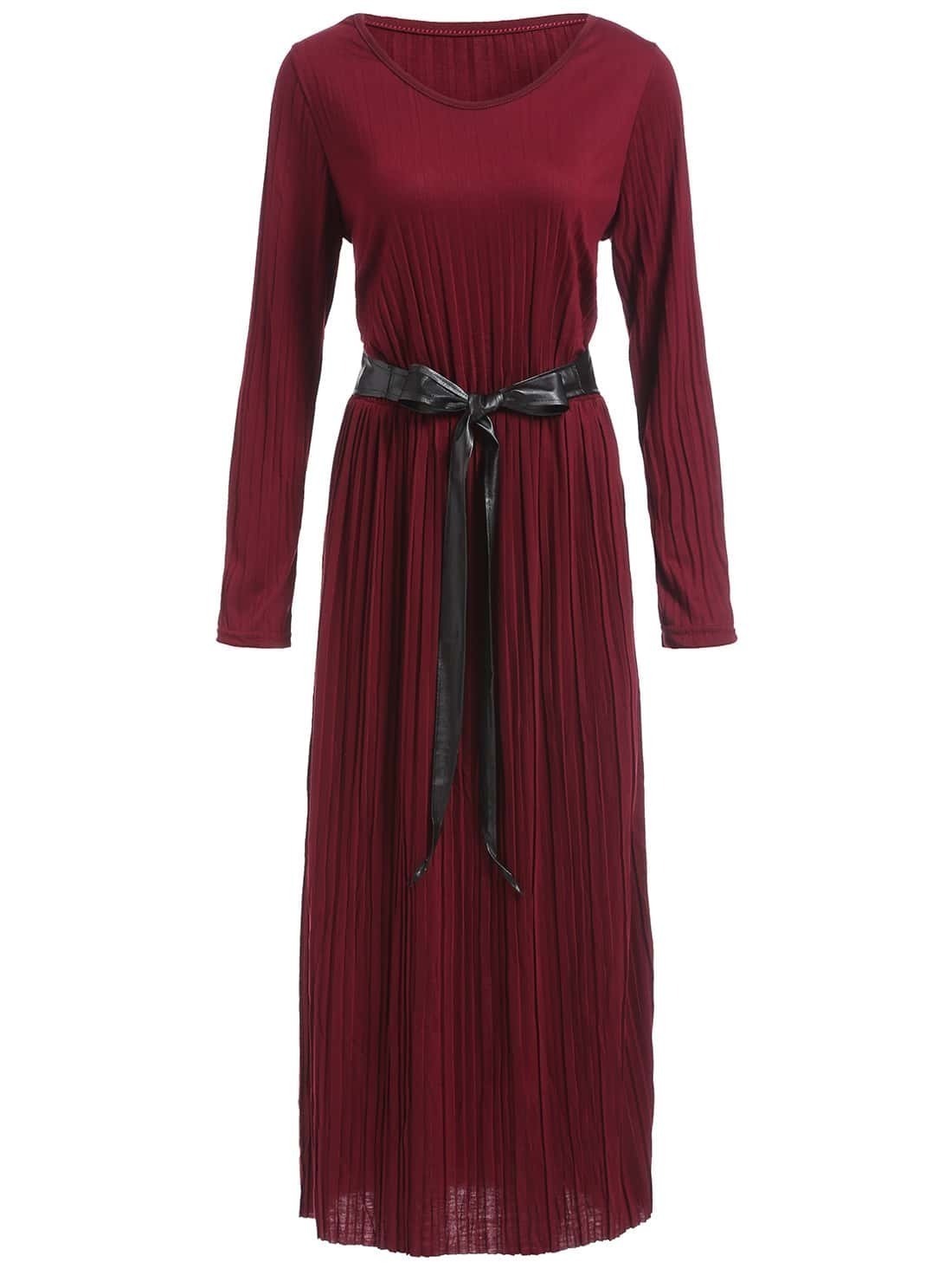 Long Sleeve Belt Pleated Burgundy DressFor Womenromwe