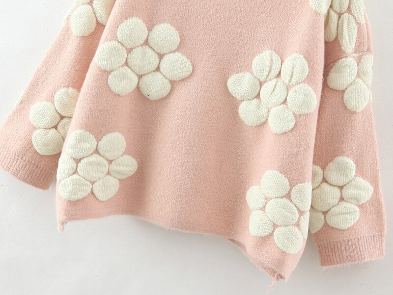 Flower Embossed Loose Pink SweaterFor Womenromwe