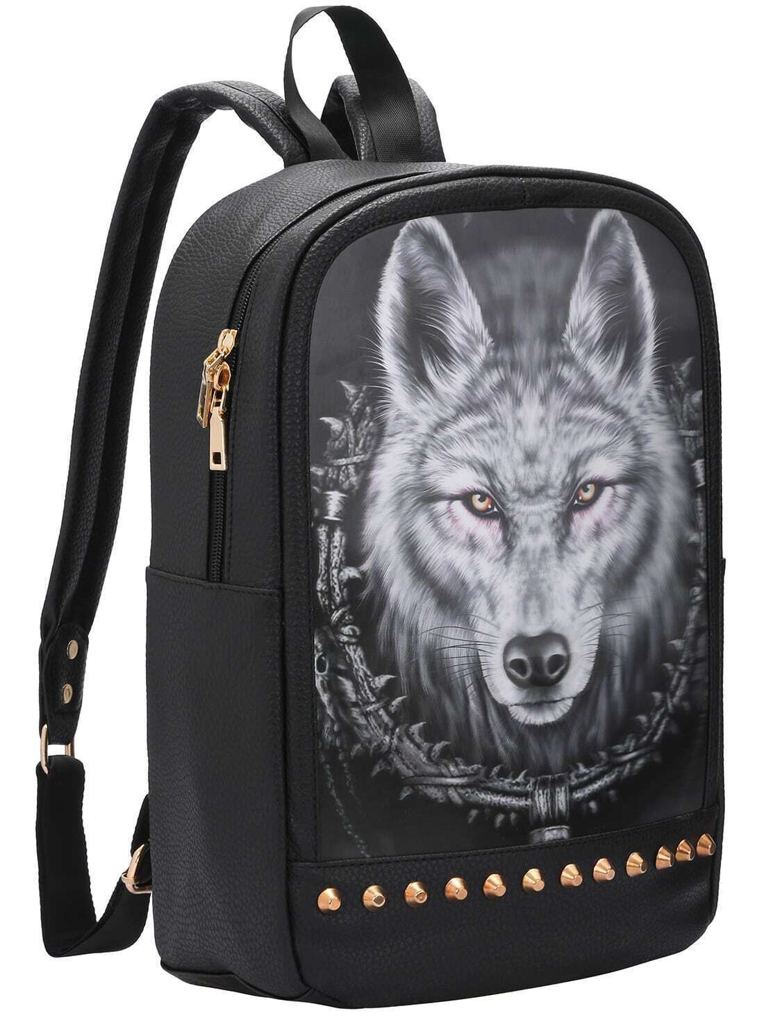 Black Wolf Print Studded BackpackFor Womenromwe