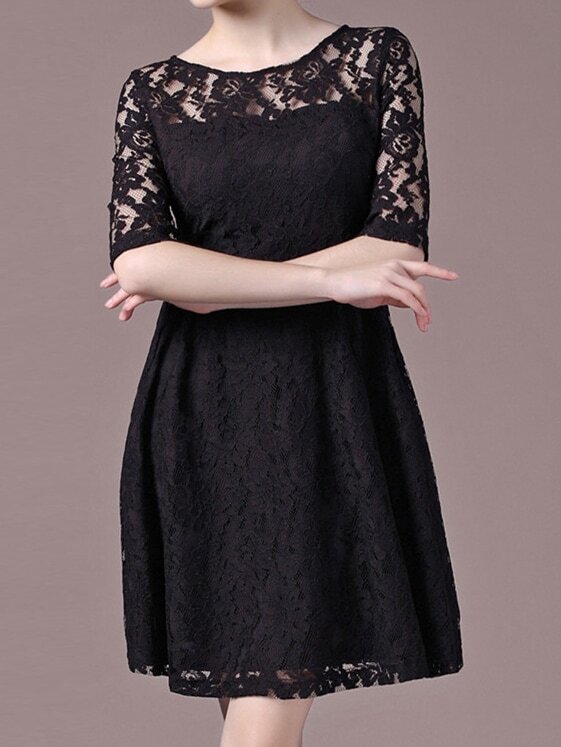 Elbow Sleeve Lace ALine Black Dress