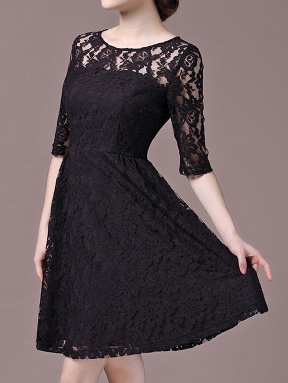 Elbow Sleeve Lace ALine Black Dress