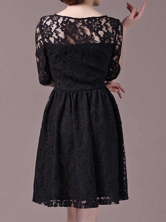 Elbow Sleeve Lace ALine Black Dress