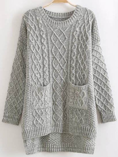 Grey Round Neck Dip Hem Cable Knit Pockets Sweater